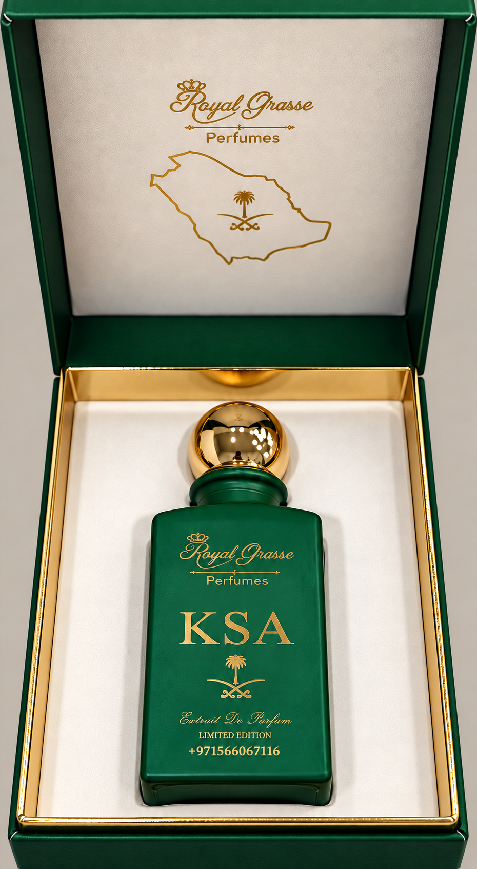 KSA limited-edition extrait de parfum 80ml green bottle with gold cap in its green Royal Grasse presentation box