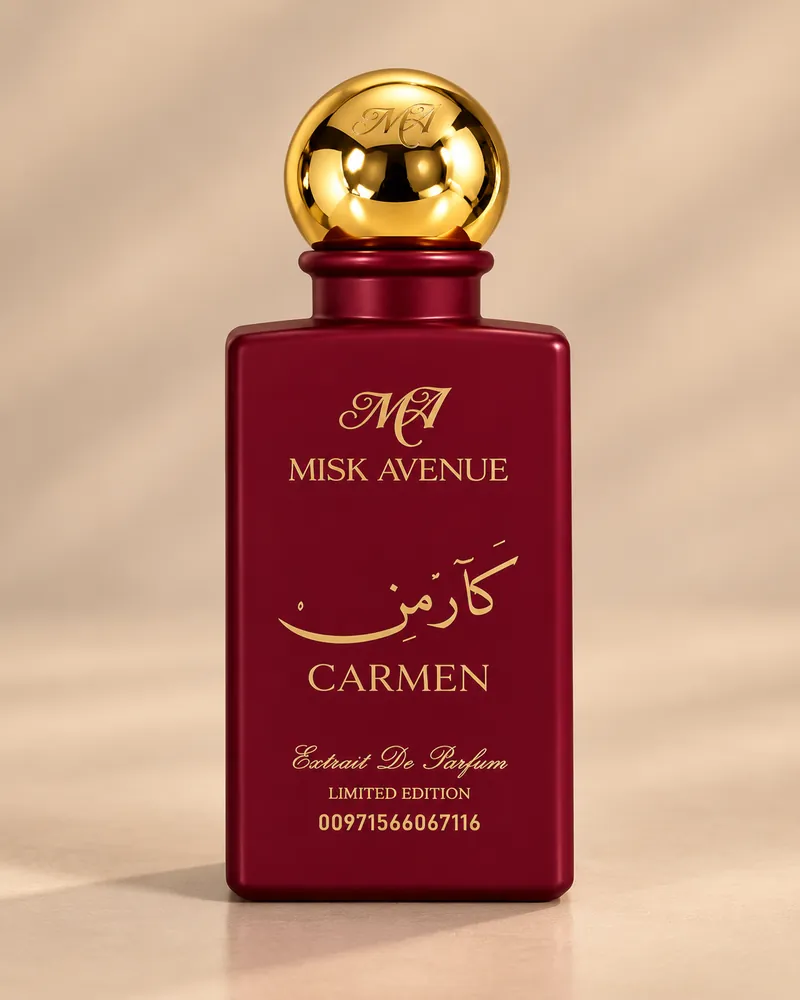 Carmen limited-edition extrait de parfum 80ml burgundy bottle with a round gold cap, Misk Avenue