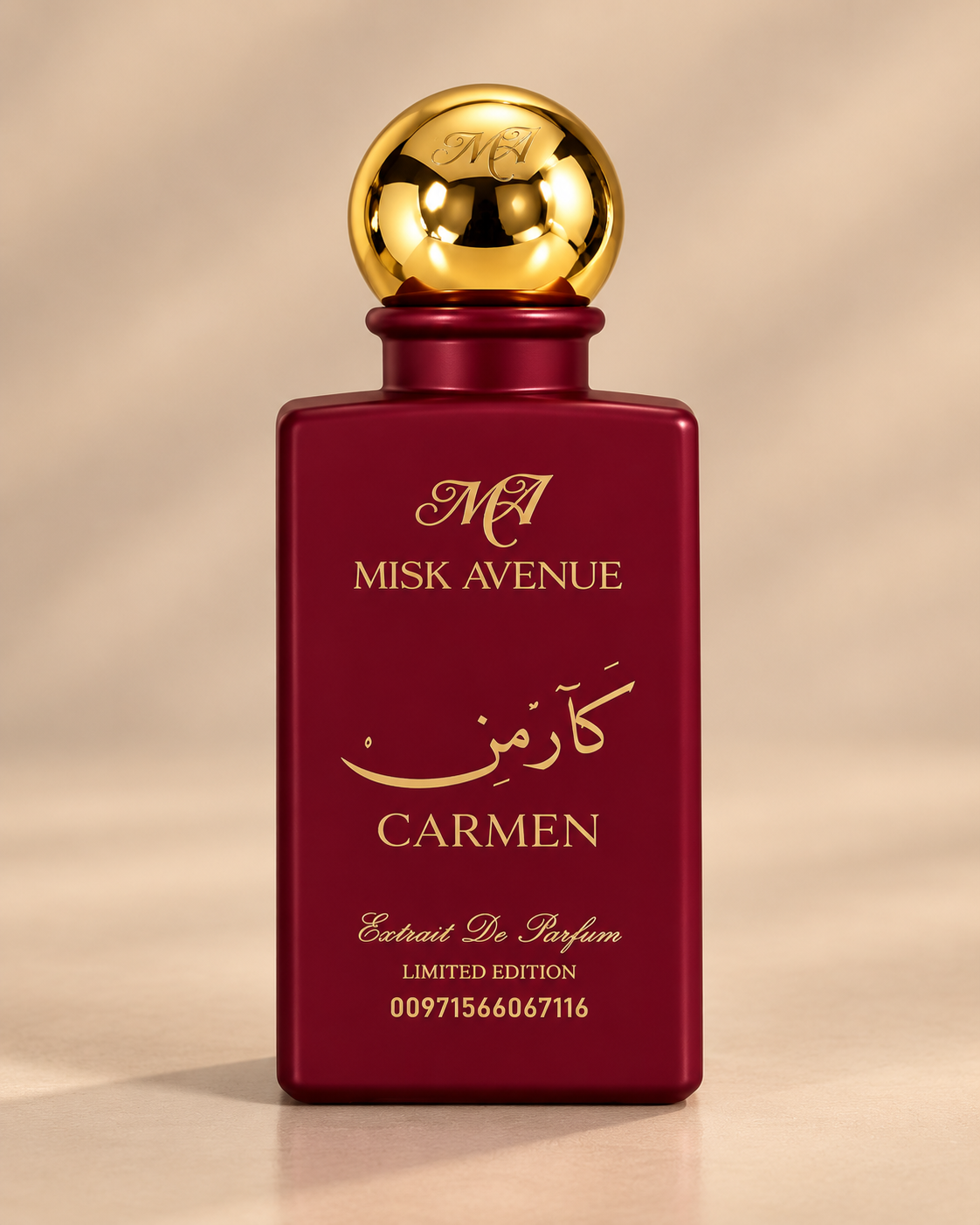 عبوة إكستريت عطر كارمن محدودة الإصدار 80 مل باللون العنابي وغطاء ذهبي دائري من مسك أفينيو