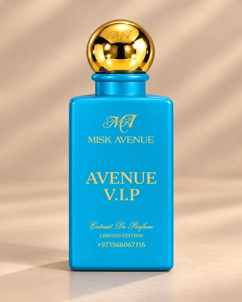 Avenue V.I.P limited-edition extrait de parfum 80ml blue bottle with a round gold cap, Misk Avenue