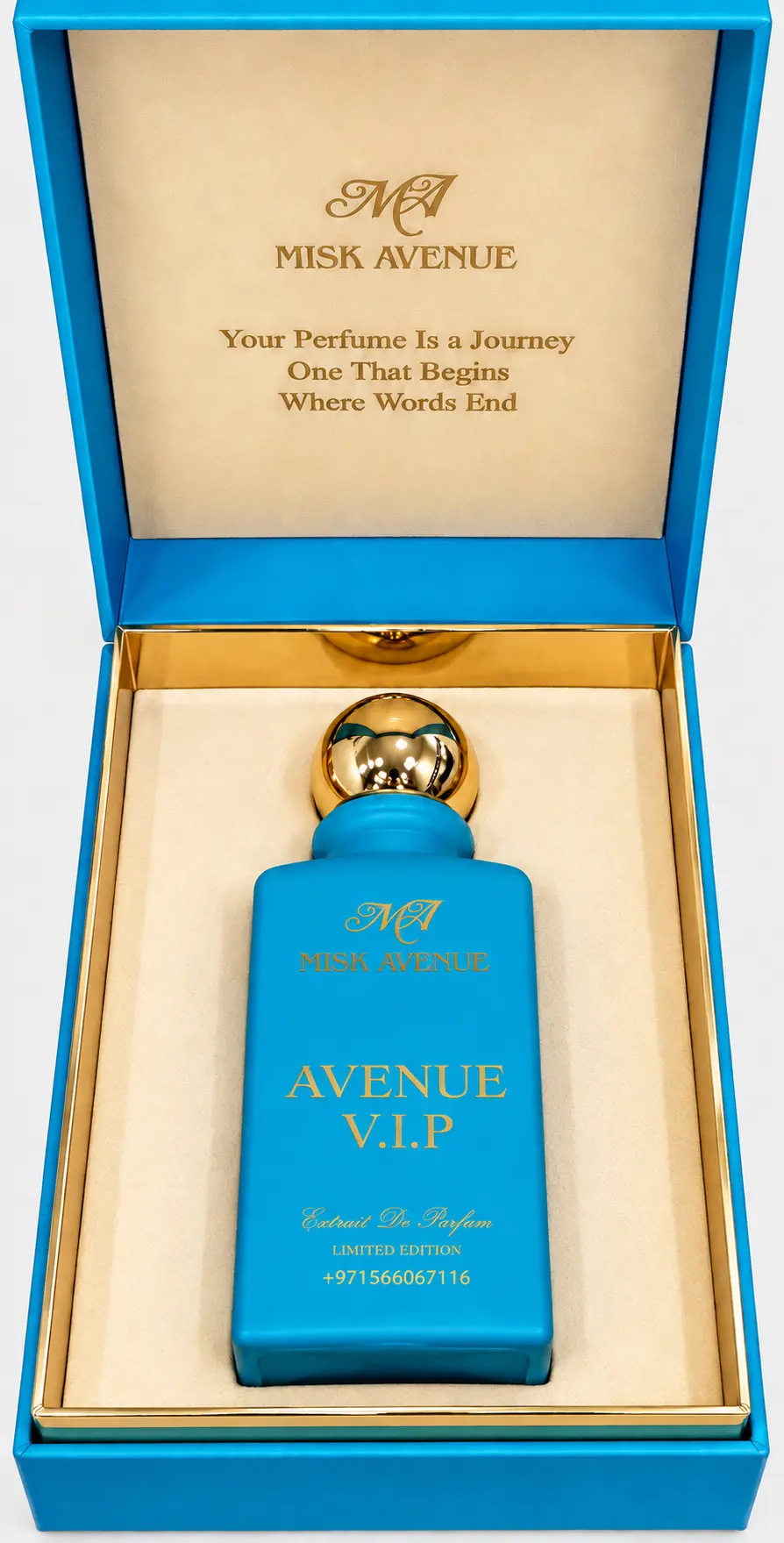 Avenue V.I.P limited-edition extrait de parfum 80ml light blue bottle with gold cap in its blue Misk Avenue presentation box