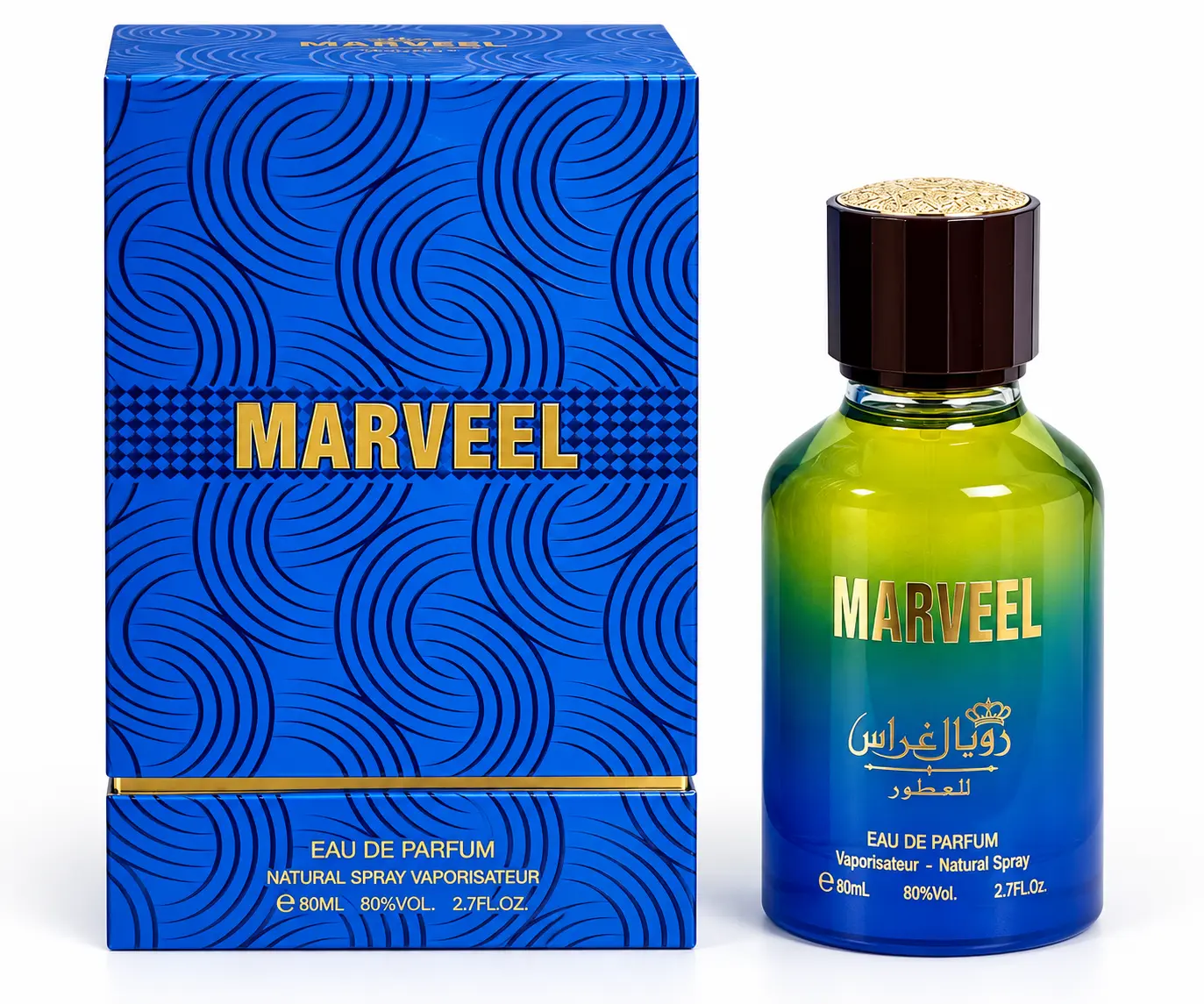 Marveel eau de parfum 80ml blue bottle with patterned carton by Royal Grasse Perfumes